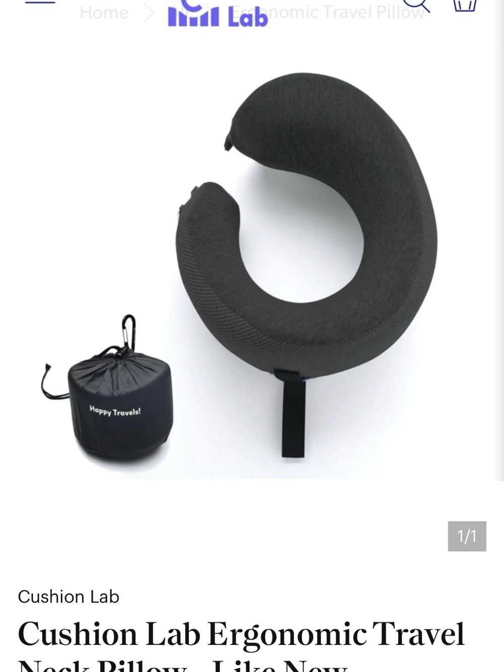 Cushion Lab Black Ergonomic Travel Neck Pillow in Pouch - Like New